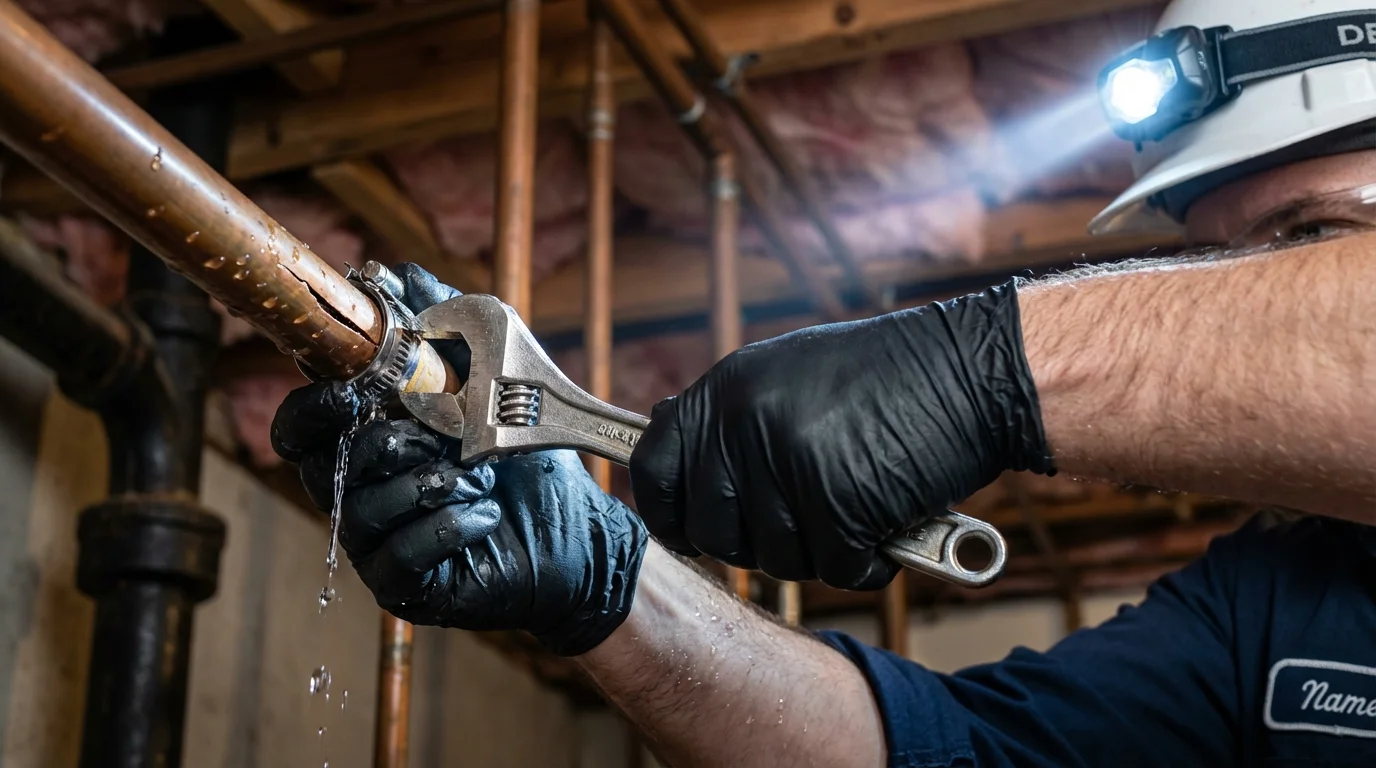 Emergency pipe clamp repair being performed by a Johns Plumbing LLC plumber in Warm Springs
