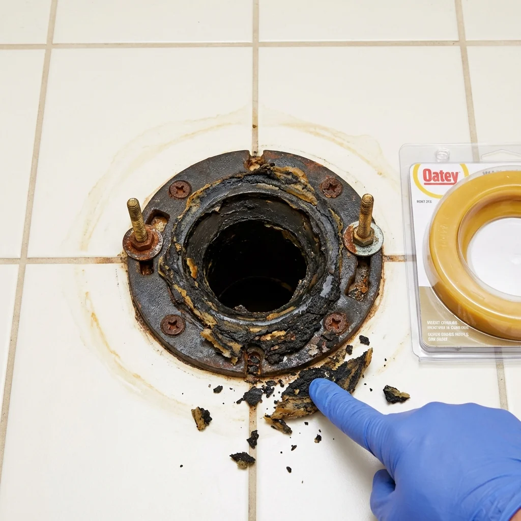 Failed wax ring showing water seepage at the base of a toilet in a Warm Springs, MT home