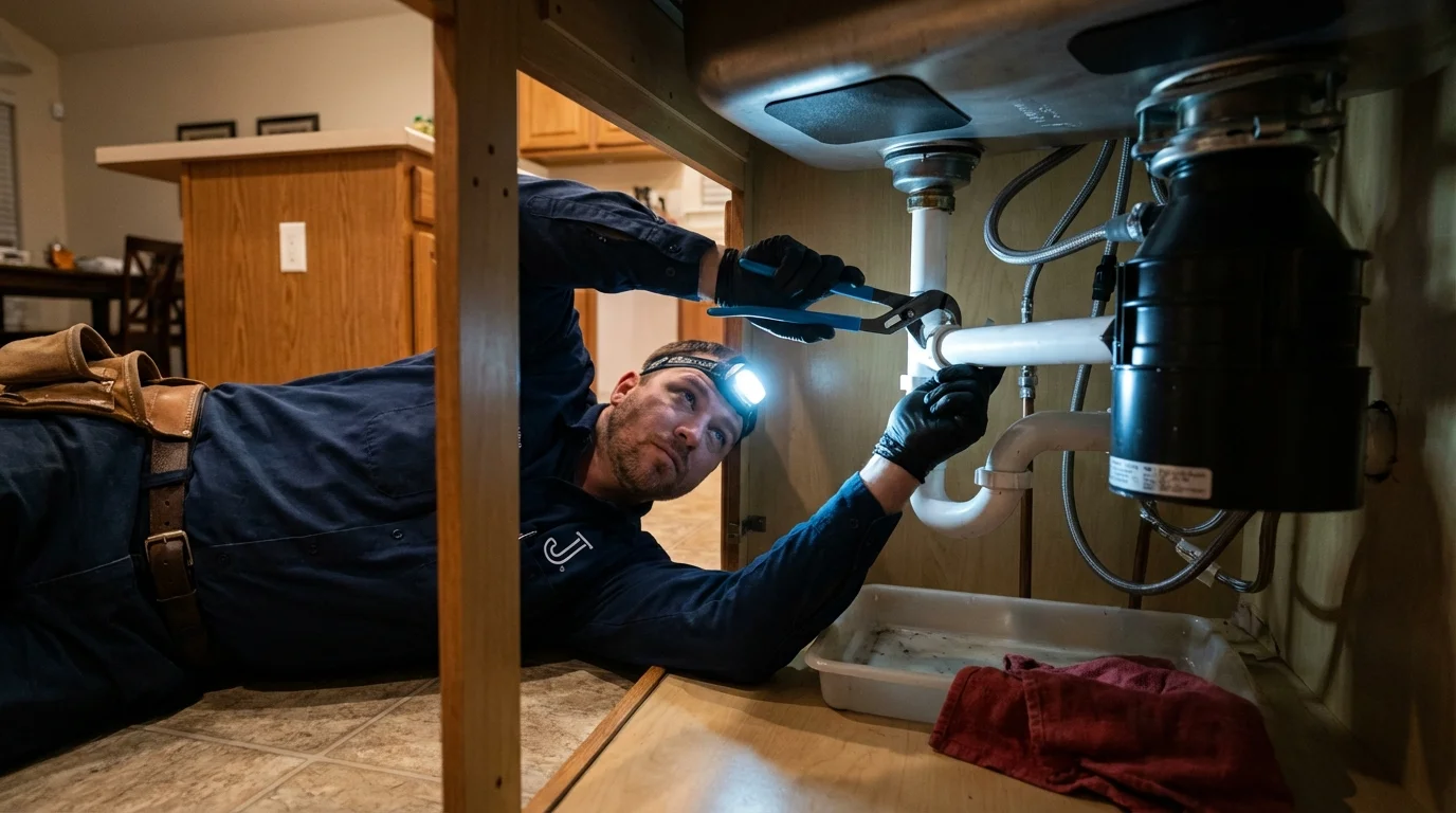 P-trap and supply line connections under a kitchen sink showing a common leak point in Warm Springs, MT